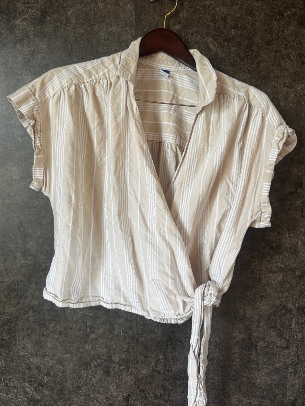 Old Navy Wrap Front Oxford Sarong Top L Beige White Stripe 100% Cotton